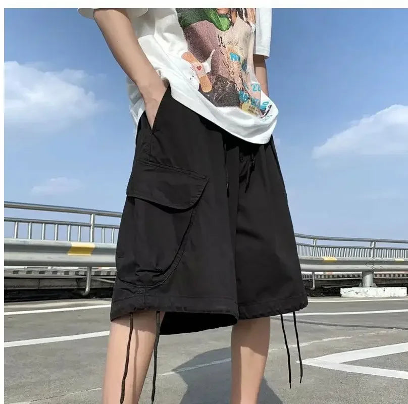 Khaki 7-point Men Summer Thin Japanese Workwear Wide-leg Loose Over-knee Shorts