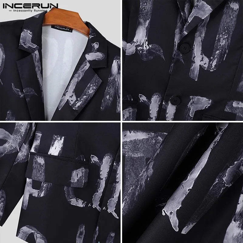 Fashion Casual Style Tops INCERUN Handsome Men's Art Hand-painted Letter Suit Coat Streetwear Male All-match Long Sleeved Blazer