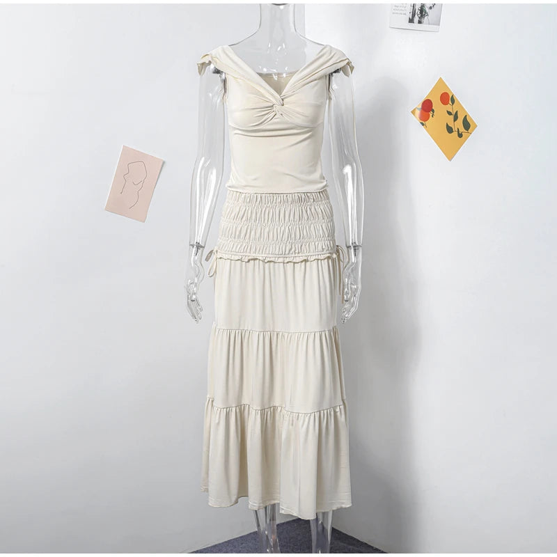 Fashion Solid Folds Long Skirt Sets For Women Summer Sexy Off Shoulder V-neck Cropped Tops High Waist Long Skirts 2 Pieces Sets