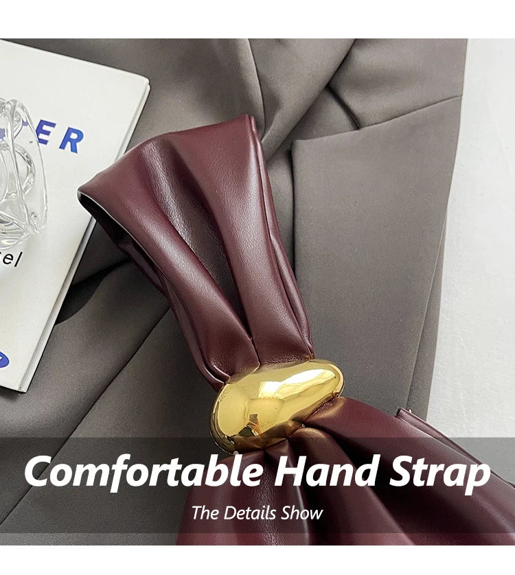 Solid Color PU Leather Handbag Pleated Cloud Shaped Women Bucket Bag, Fashionable Burgundy Women's Luxury Bag