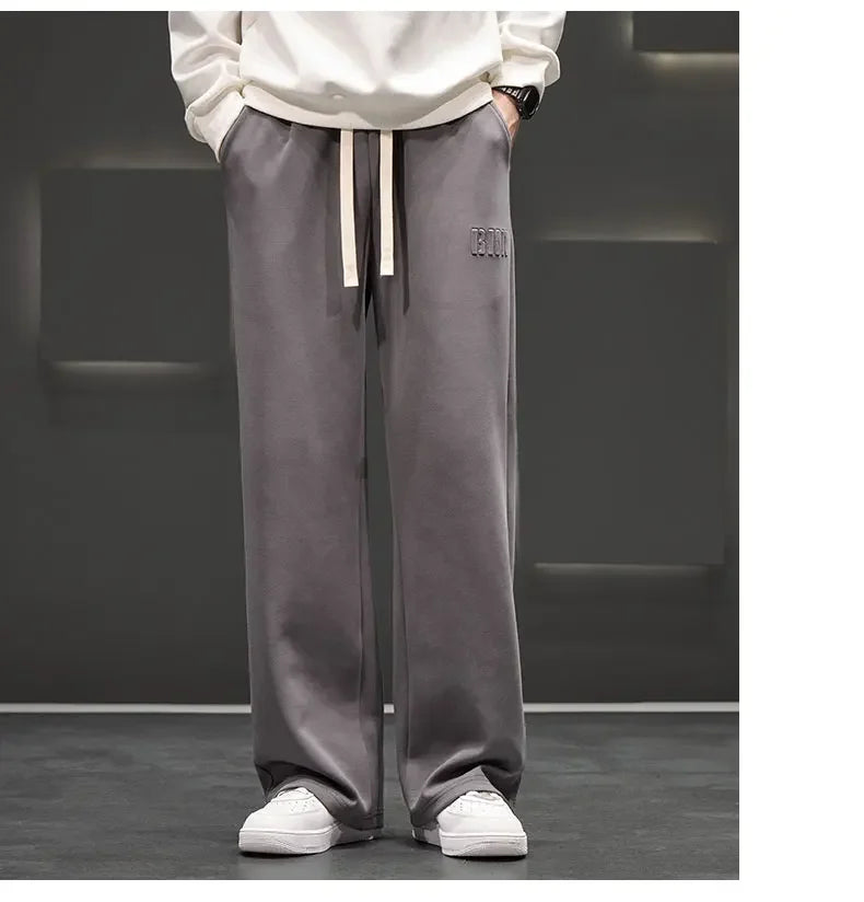 Autumn New Men Knitted Sports Pant Steel Stamp Printing Wide Leg Casual Trousers Straight Solid Lightweight Cotton Fabric Unisex