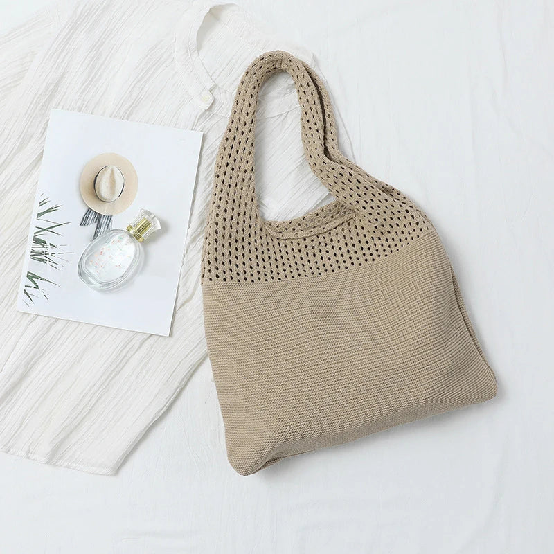 New Trend Women's Bag Crochet Handbag Retro Knitted Braid Solid Color Hollow Black Khaki Top-handle Tote Bag Shopper