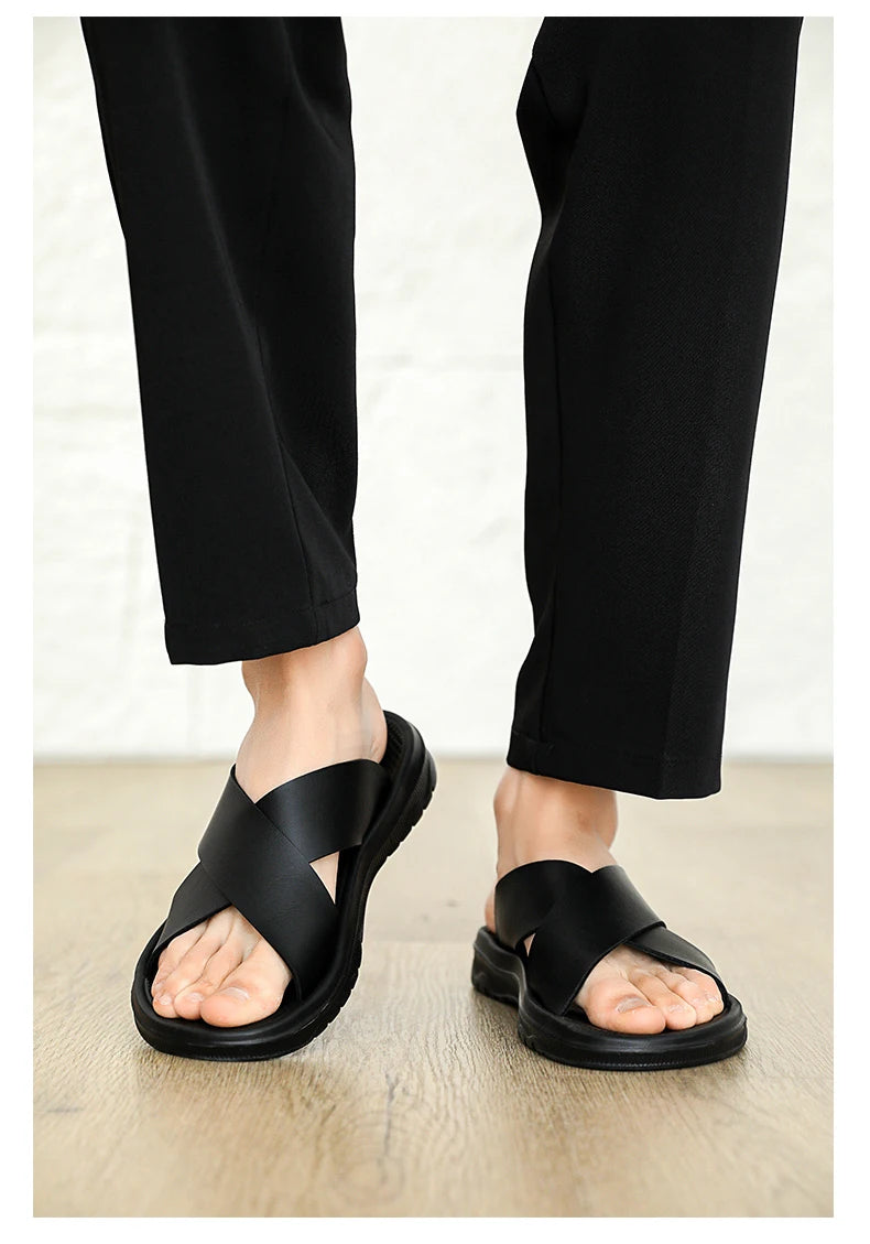 Mens Leather Slippers Comfortable Breathable Summer Big Size Sandals for Men with Soft Sole