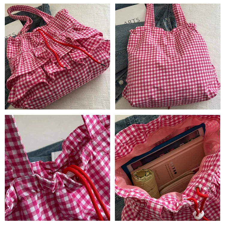 Korean Sle Large Capaci Canvas Tote Bag Blue Plaid Single oulder Skirt Pleated Gown Bag Faionable Casual Handbag