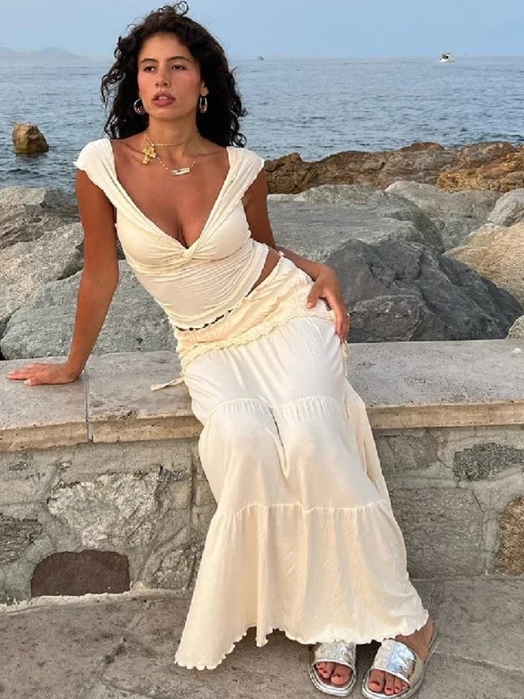 Fashion Solid Folds Long Skirt Sets For Women Summer Sexy Off Shoulder V-neck Cropped Tops High Waist Long Skirts 2 Pieces Sets
