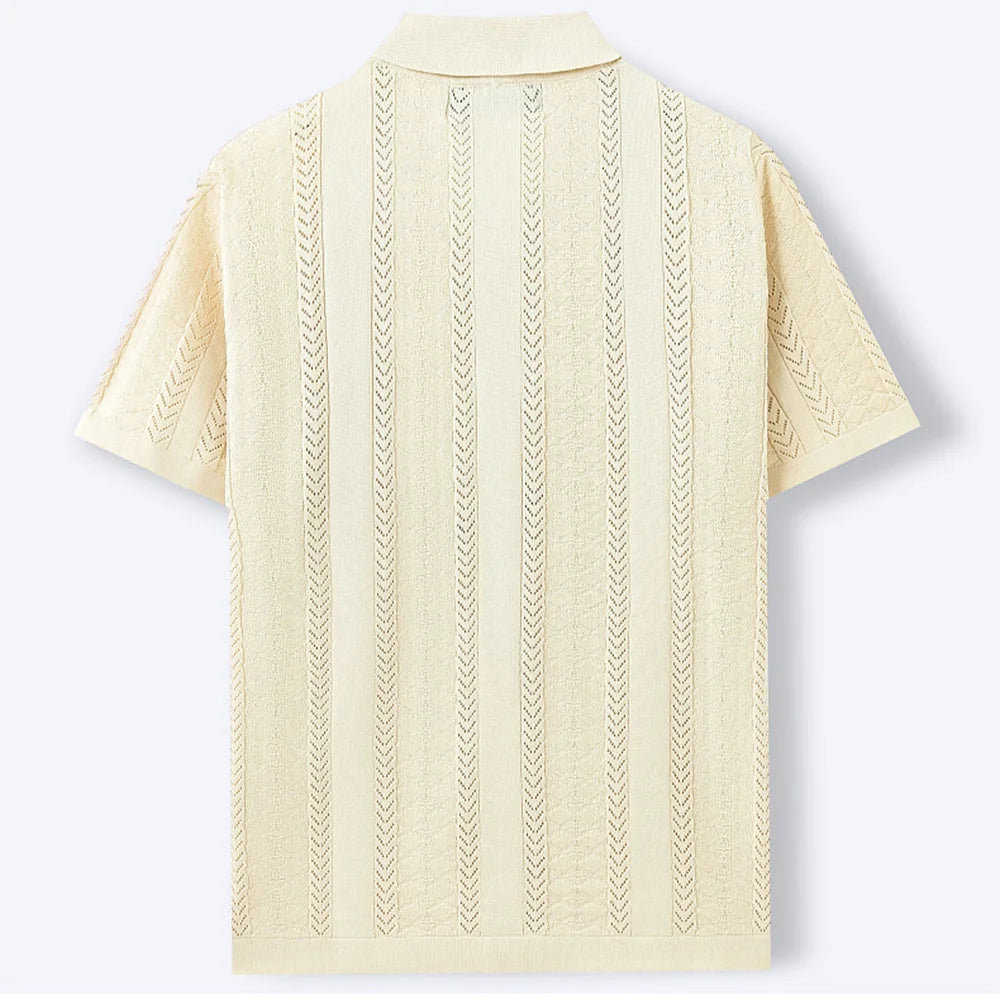 2025 Summer Men's Striped Hollow Solid Color Short Sleeve Knitted POLO Shirt Retro Casual Fashion Trend Simple Loose Men's Tops