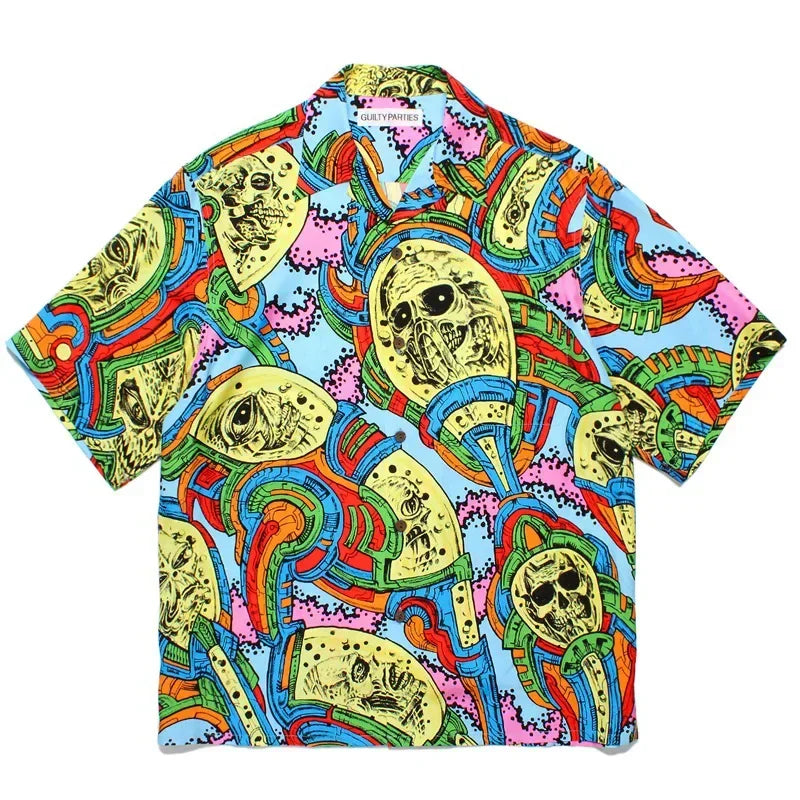 Summer Blue Letters Embroidery WACKO MARIA Shirts Men Women Graphics Print Hawaiian Short Sleeve Tee Casual Fashion Beach Shirt