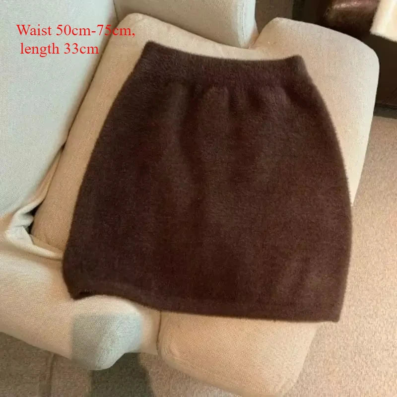 Elastic Waist Slim Women Short Skirt Sexy Elegant All-Match Basic Mini Skirt Winter Sweet Casual Knit Imitation Mink Fur Skirt