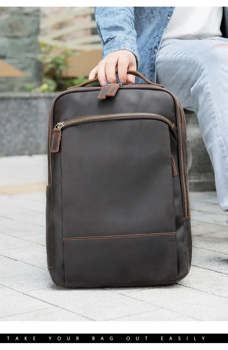 Vintage Travel Backpack leather double zipper bagpack male crazy horse leather backpack handmade leather travel bag men bag