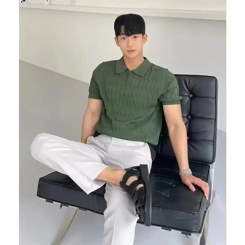 Summer New Light Maturity Knitted Polo Shirt Men's Korean Style Slim Fit Collar Pure Color Casual T-Shirt Cross-Border
