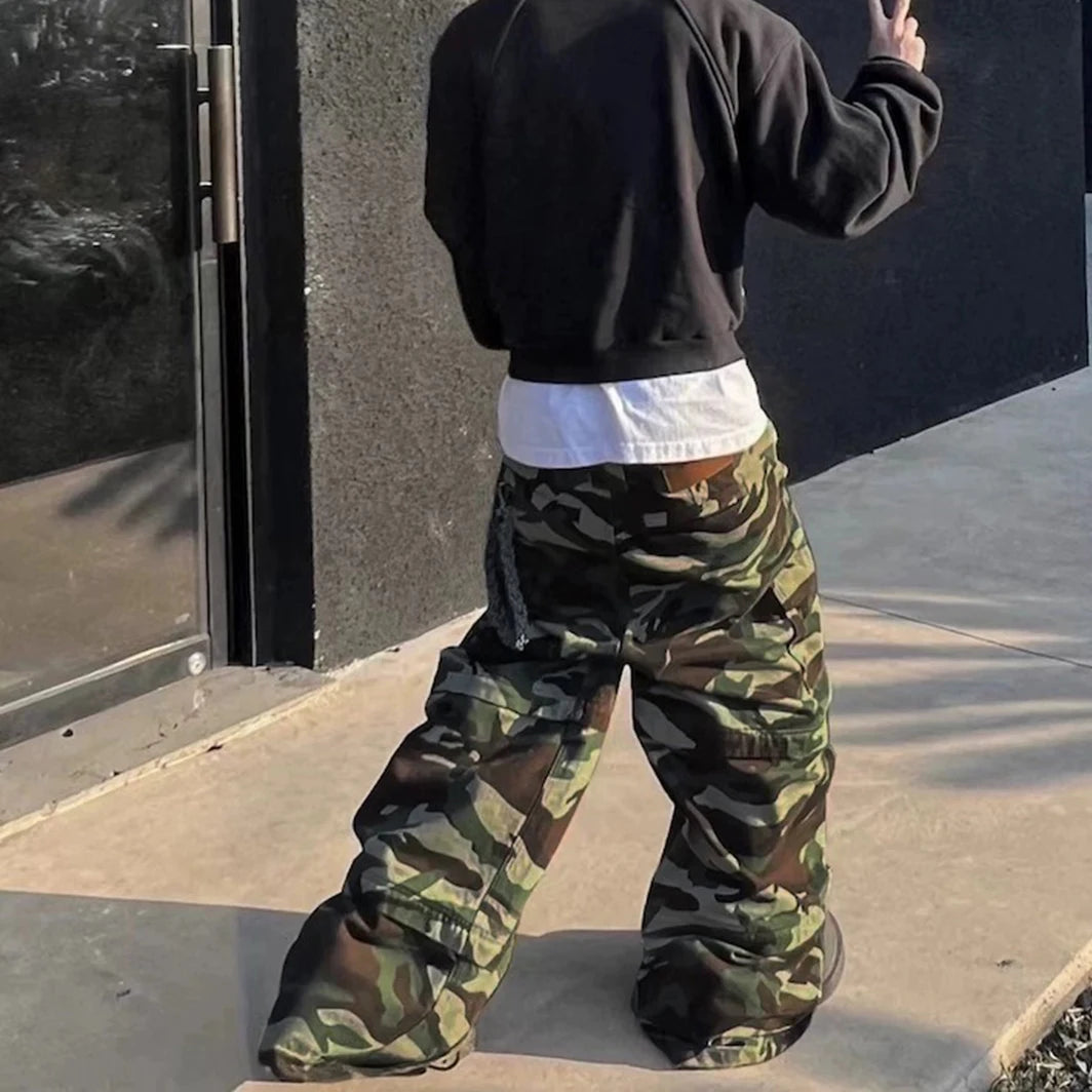 Color Match Multi-pockets Camouflage Cargo Pants for Men and Women Streetwear Patchwork Baggy Overalls Wide Leg Loose Trousers