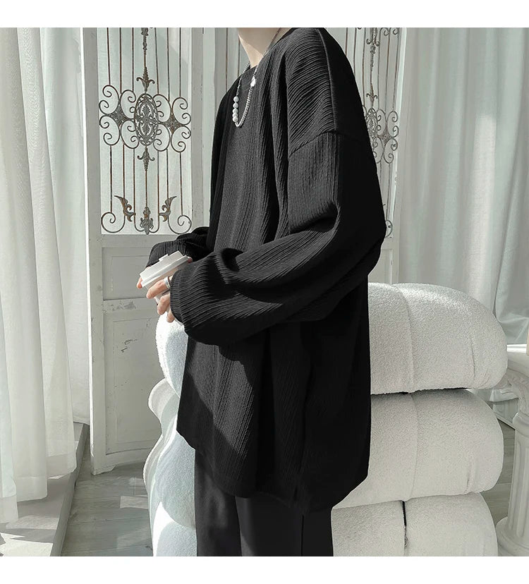 2024 Spring Autumn Casual Long Sleeve T Shirts Men Loose Round Neck T-shirts Male Fashion Harajuku Korean Streetwear Tops Tees