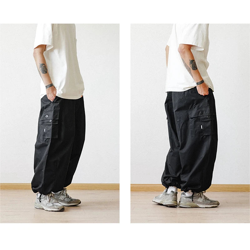 Multi-Pocket Cargo Pants Men's Casual Solid Straight Baggy Wide-leg Cropped Trousers Men Ankle-length Jogger Pants Harem Pants