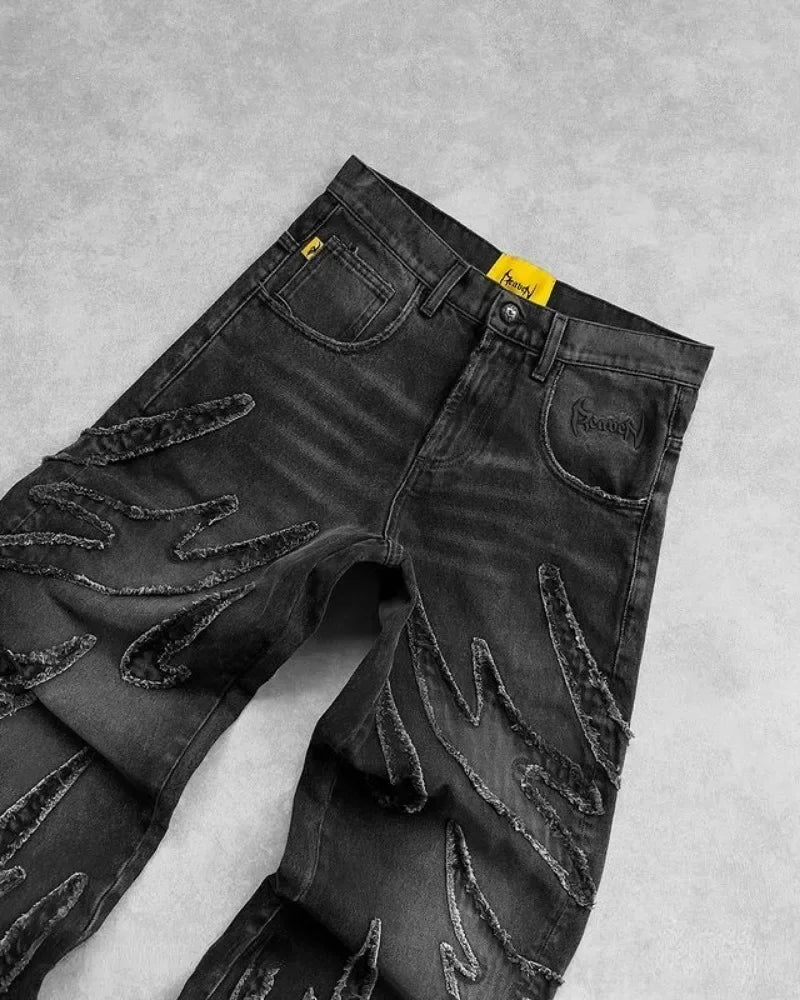 90s Streetwear Retro Hip Op Flame Embroidery Loose High Waisted Men Jeans Female Y2K New Harajuku Gothic Wide Leg Pants