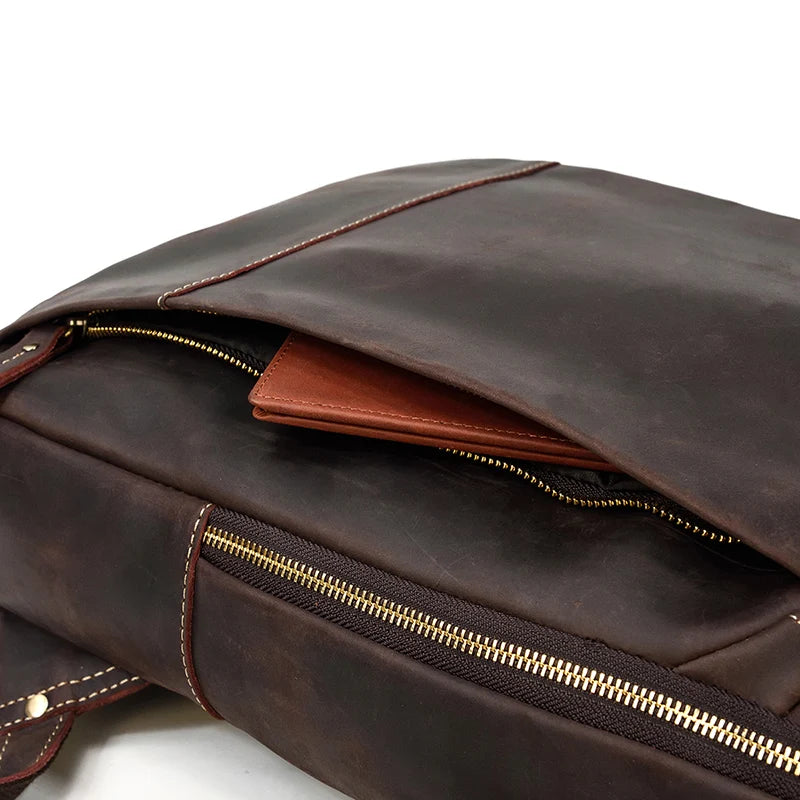 Vintage Travel Backpack leather double zipper bagpack male crazy horse leather backpack handmade leather travel bag men bag