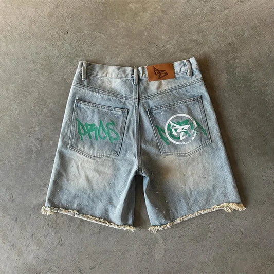 American Fashion Trend Letter Printing Splicing Patches Denim Shorts Y2K Gothic Hip Hop Men Women Punk Vintage Wide Leg Pants