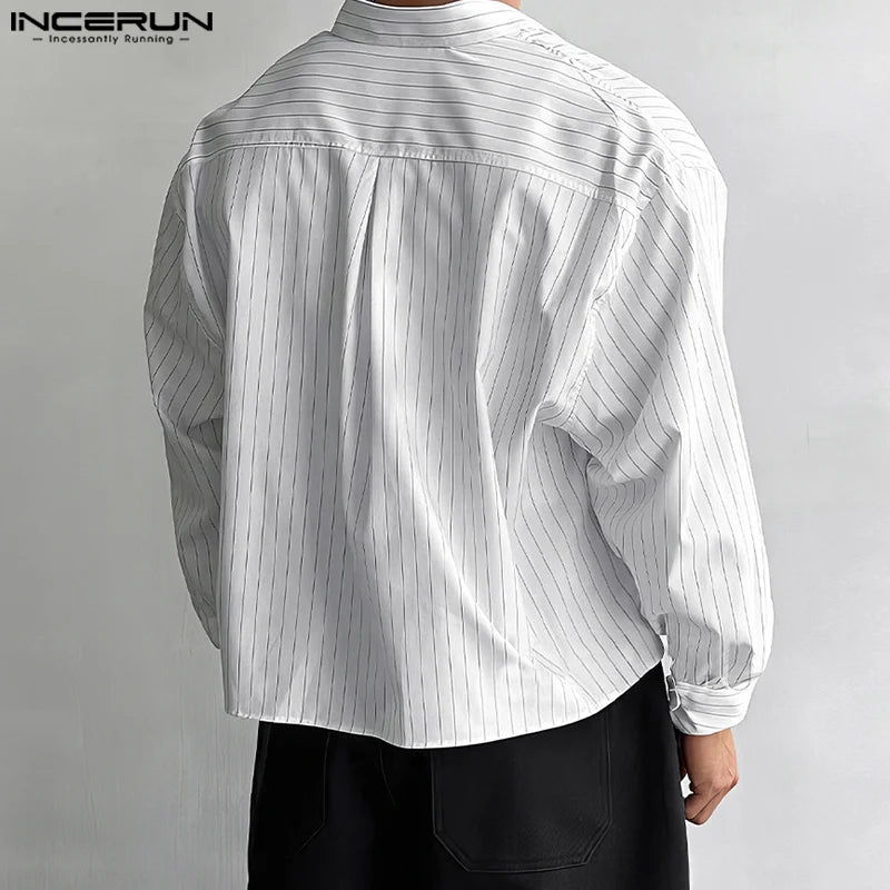INCERUN Tops 2025 Korean Style Men's Casual Simple Striped Cropped Shirt Fashion Streetwear Male Hot Selling Long Sleeved Blouse
