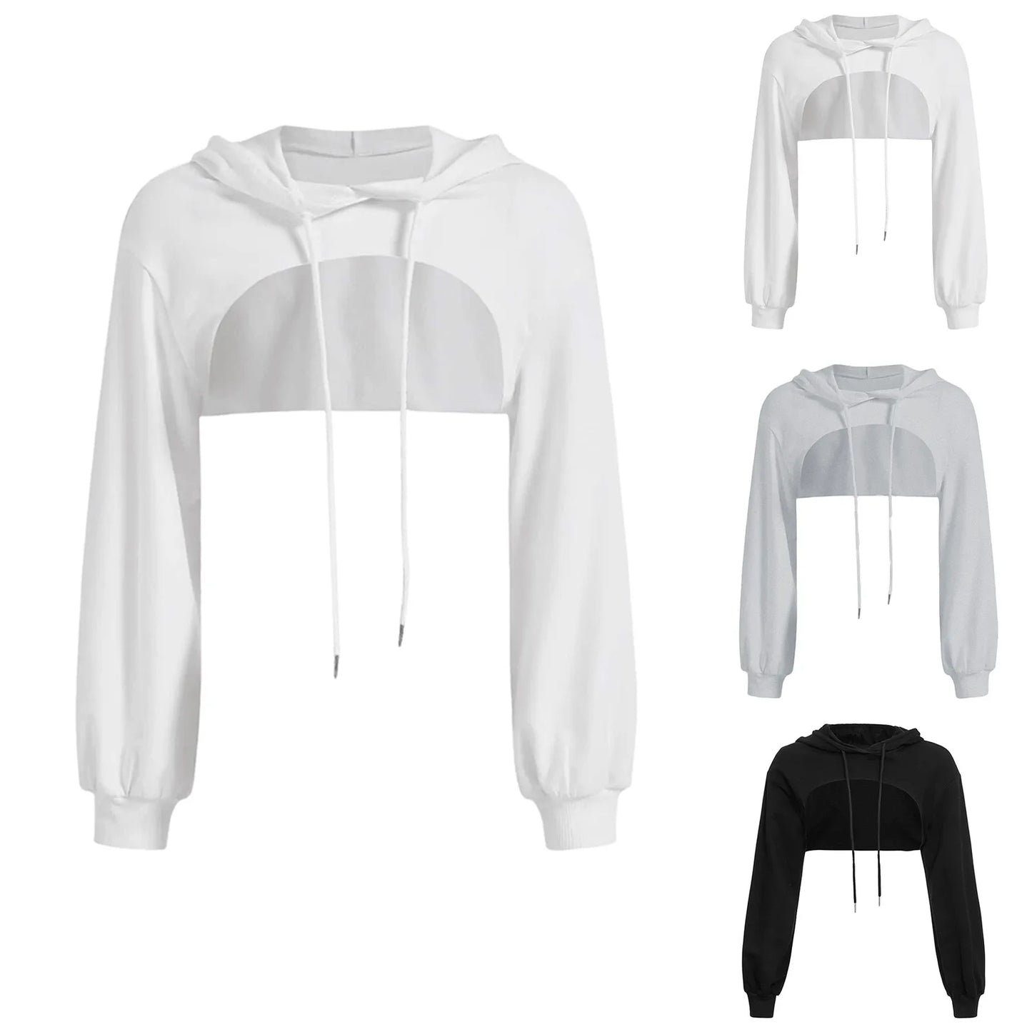 Women's Cropped Hooded Sweatshirt Solid Color Long Sleeve Front Hollow Out Short Hoodies Sweater Spring Autumn Streetwear
