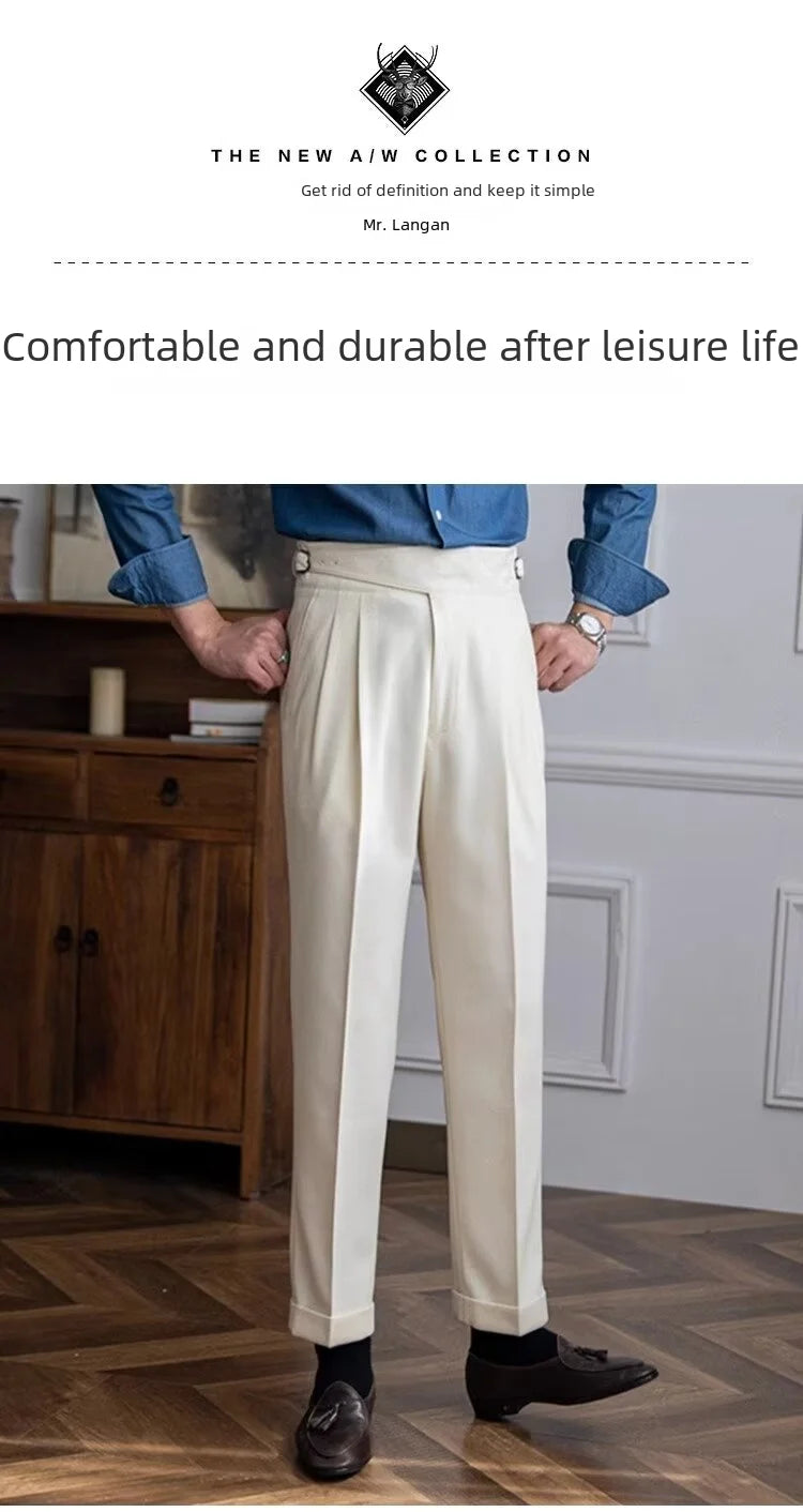 High-waisted Casual Straight-leg Suit Pants For Men Autumn Vintage Draped Waist Trousers Naples Retro Style Business Formal Wear