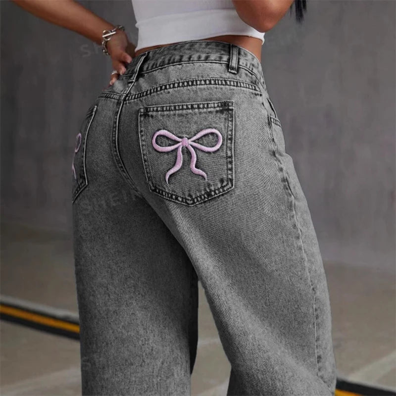 Women Wide Leg Boyfriend Jeans Straight Hip Hop Bow Embroidery Denim Pants Low Waist Baggy Jeans Casual Loose Jeans Streetwear