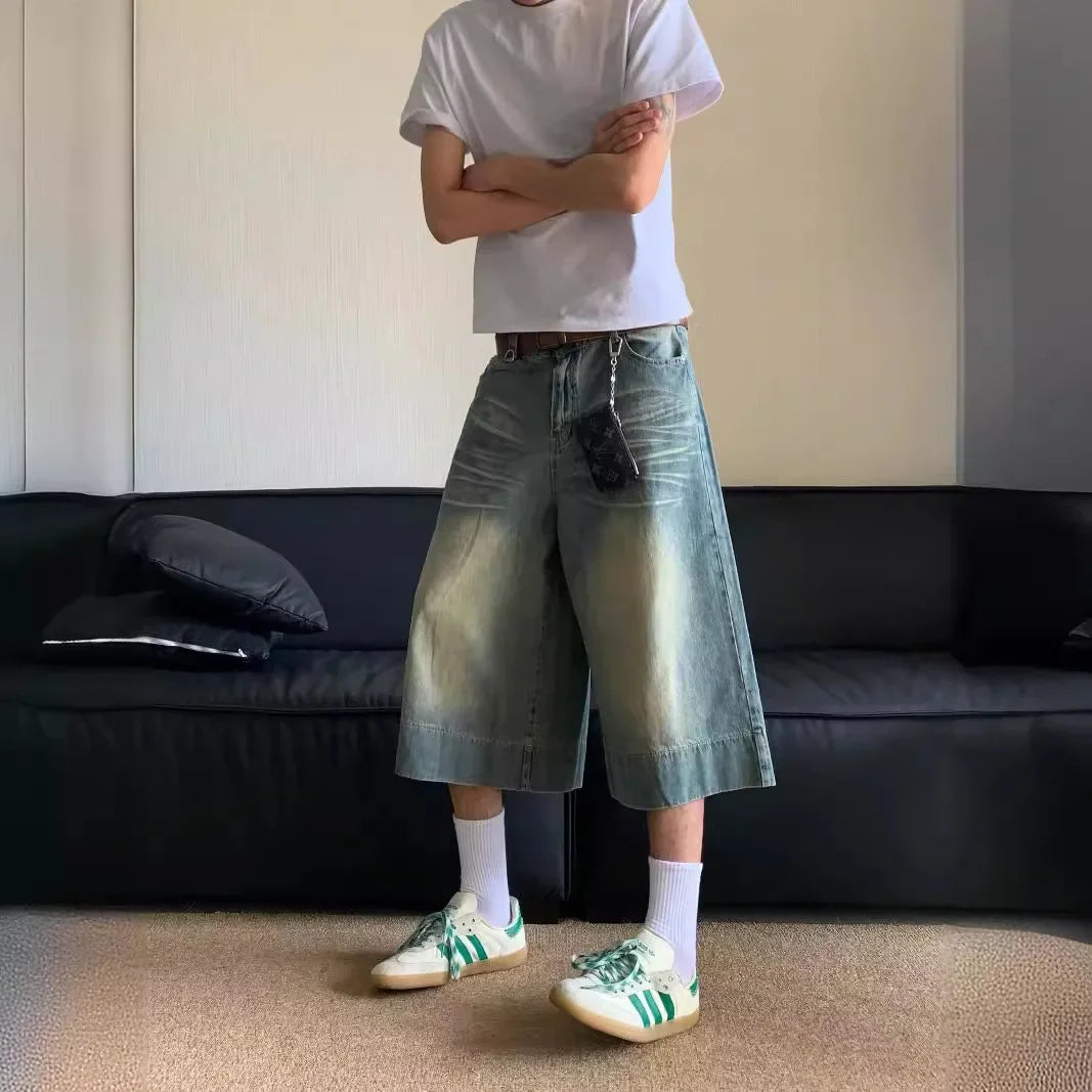 2024 Summer New Style Vintage Wide-leg Jeans 7-point Straight Leg Denim Mid-length Shorts For Men American Retro Loose Fit