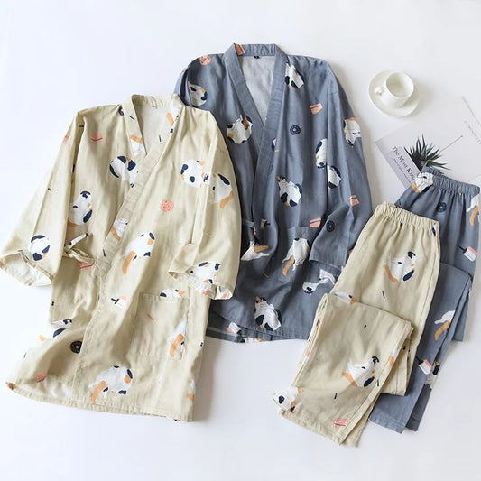 Japanese-style kimono two-piece couple pajamas cover men and women pure cotton gauze cute kitten thin homeware sleepware nighty