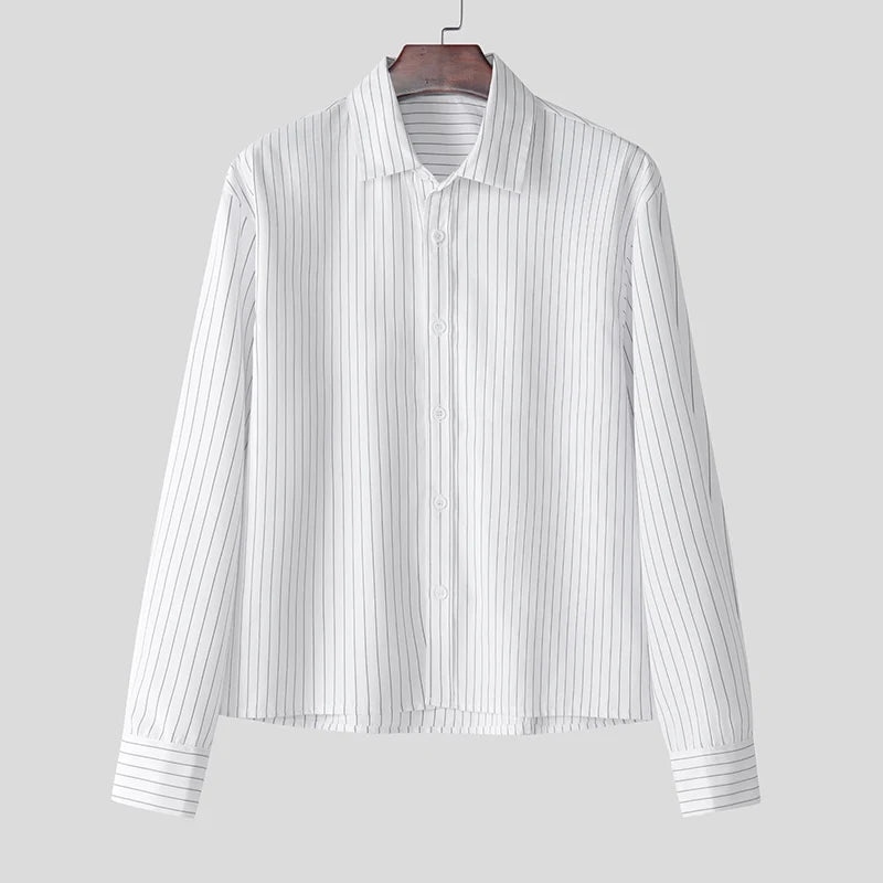 INCERUN Tops 2025 Korean Style Men's Casual Simple Striped Cropped Shirt Fashion Streetwear Male Hot Selling Long Sleeved Blouse