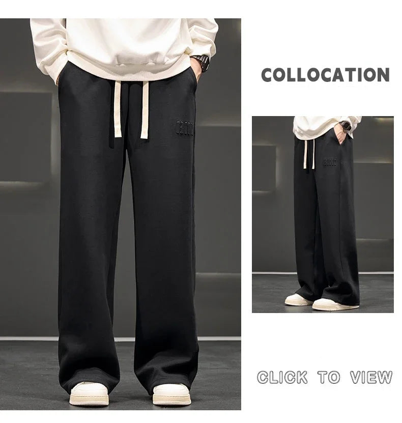 Autumn New Men Knitted Sports Pant Steel Stamp Printing Wide Leg Casual Trousers Straight Solid Lightweight Cotton Fabric Unisex