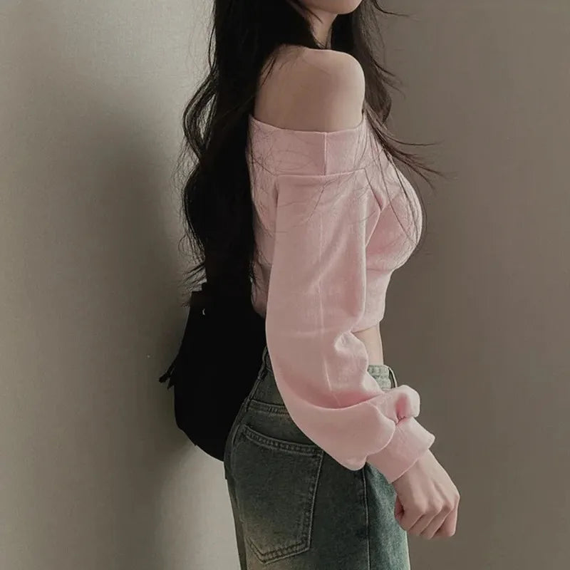 2025 Spring New Irregular Skew Collar Hoodies Women Sexy Fashion Sweatshirts Long Puff Sleeve Short Solid Slim Pullover Tops