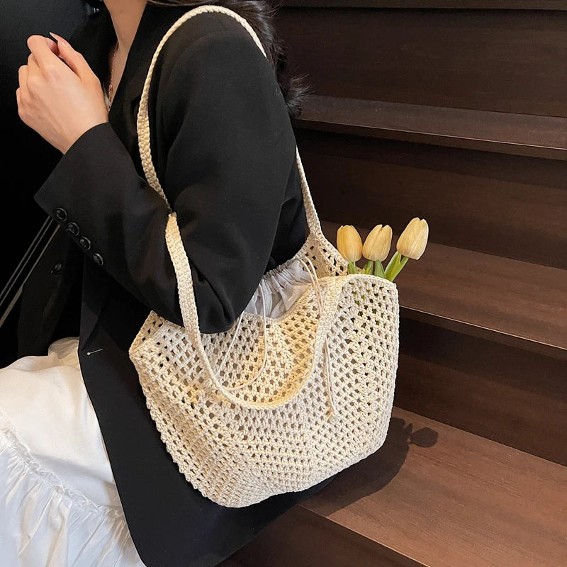 2025 Latest Summer Beach Straw Woven Tote Bag For Women 2-IN-1 Hollow-out Lightweight Large Capacity Shopper Shoulder Bag Female