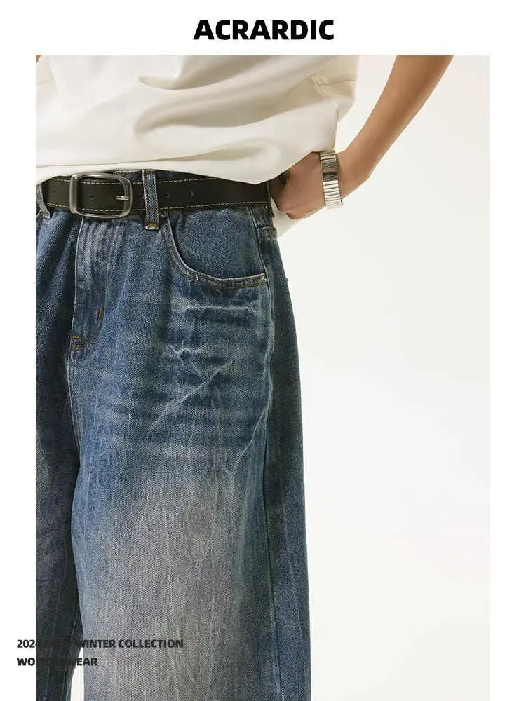 American High Street Lightning Jeans Men's Straight Leg Wide Leg Hip Hop Cool Retro American Seven-Foot Blue Shorts