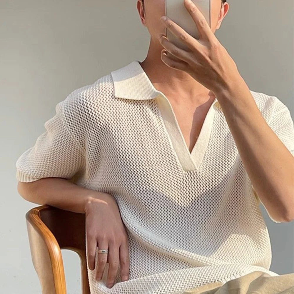 Summer New Men's Hollow Solid Color Knitted Short-Sleeved T-Shirt Retro Fashion Trend Casual Simple Loose Breathable Men's Tops