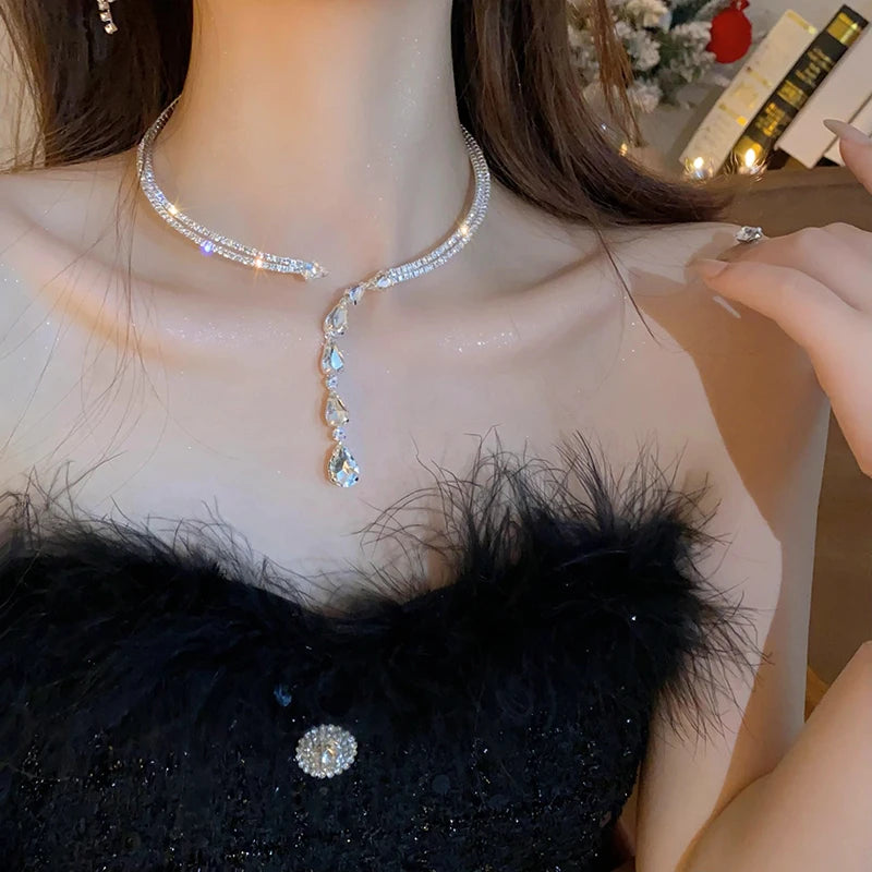 Zircon Double Layered Water Drop Heart Silver Scrap Imitation Pearl Cross Wave Open Collarbone Fine Pendant Necklaces for Women