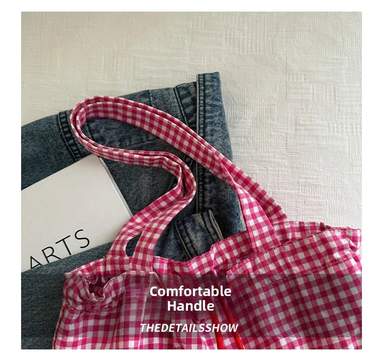 Korean Sle Large Capaci Canvas Tote Bag Blue Plaid Single oulder Skirt Pleated Gown Bag Faionable Casual Handbag