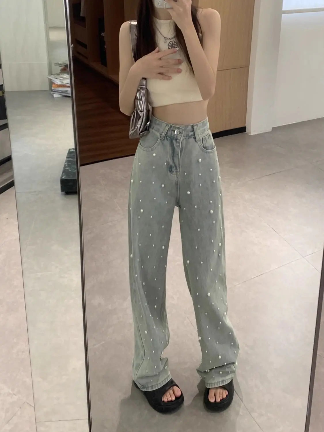 Women's Jeans High Waist Straight Blue Beaded Pearls Denim Pants Spring Autumn Chic Streetwear Design Baggy Jeans Women Clothing