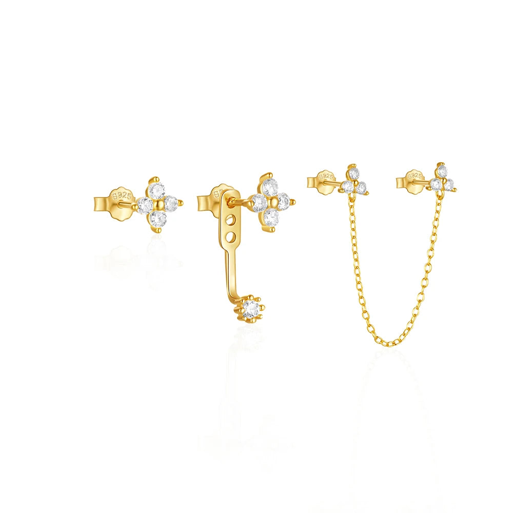 Aide 925 Sterling Silver 3pcs Set Two Stud Tassel K Gold Chain Flower Zircon Earrings For Women Fine Jewelry Valentine Day Gift