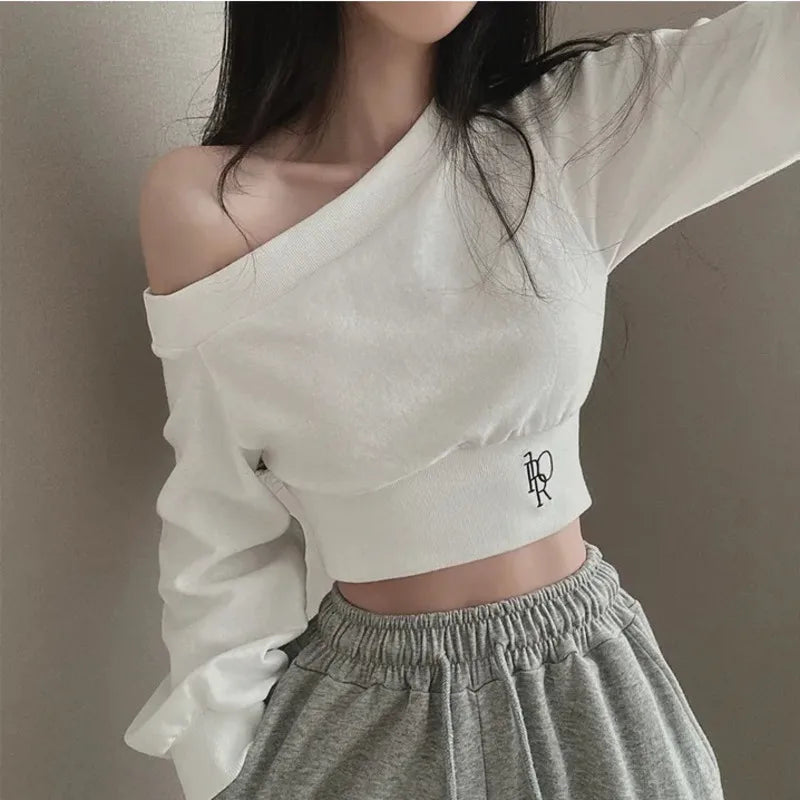 2025 Spring New Irregular Skew Collar Hoodies Women Sexy Fashion Sweatshirts Long Puff Sleeve Short Solid Slim Pullover Tops