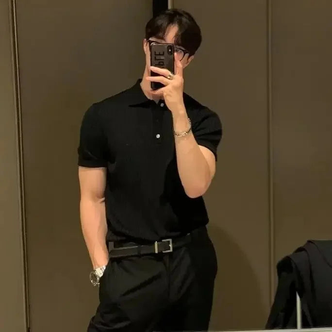 Summer New Light Maturity Knitted Polo Shirt Men's Korean Style Slim Fit Collar Pure Color Casual T-Shirt Cross-Border