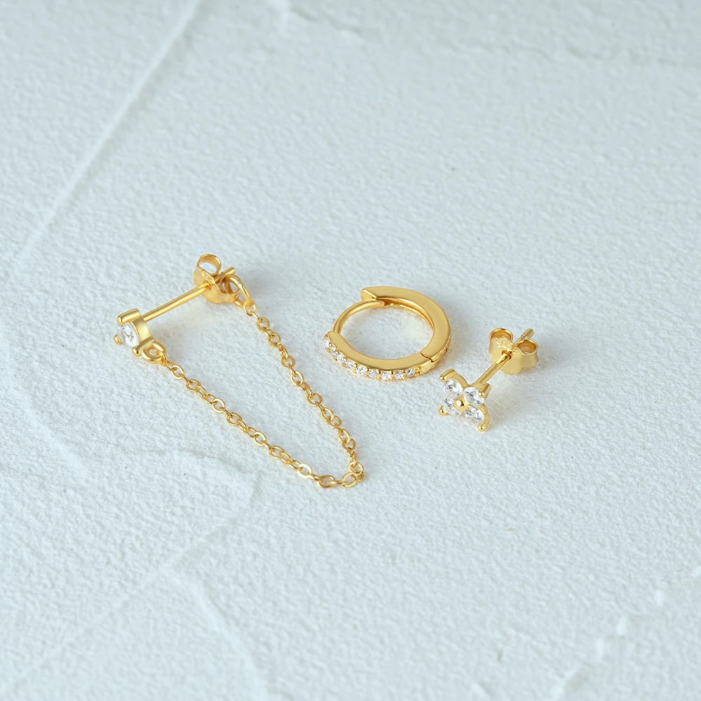 Aide 925 Sterling Silver 3pcs Set Two Stud Tassel K Gold Chain Flower Zircon Earrings For Women Fine Jewelry Valentine Day Gift
