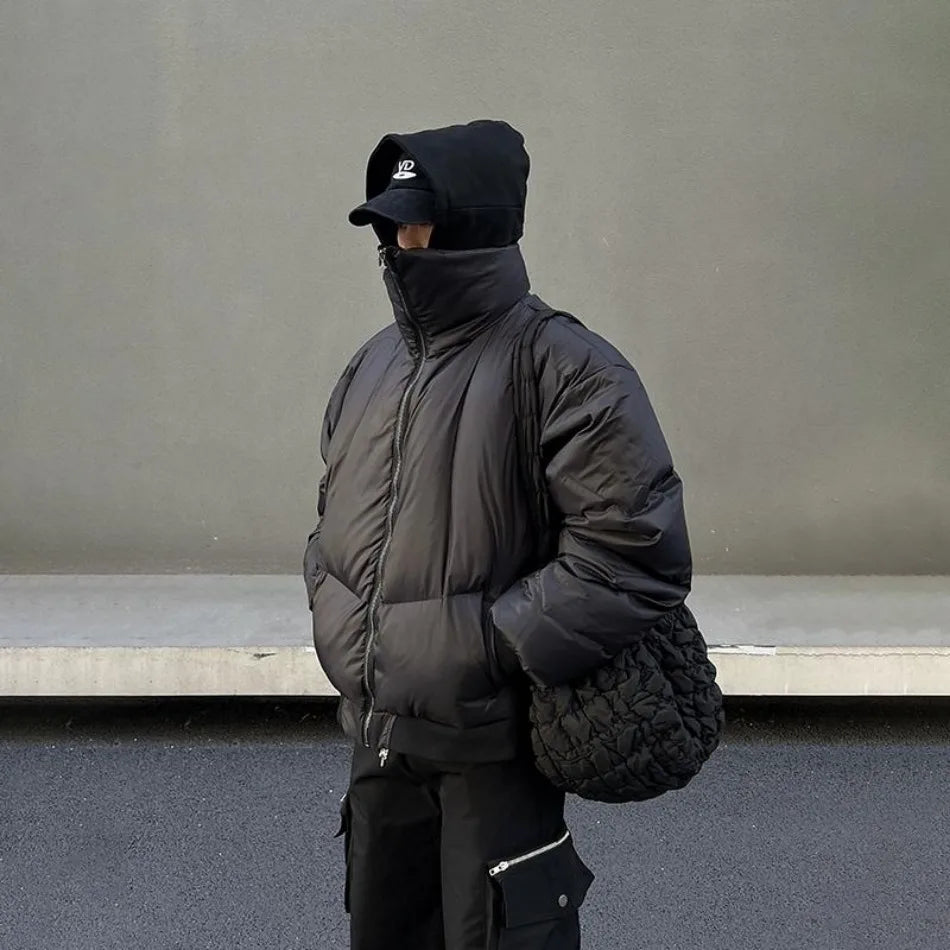 Black Stand Collar Cotton Jacket Mens Heavy Weight Winter Trend High Street Short Parkas Thickening Warm Fluffy Bread Coats