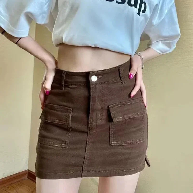 Xpqbb Denim Short Skirt for Women Korean Style High Waist Pockets Cargo Mini Skirt Female Sexy Skinny Anti-Glare Bodycon Skirts