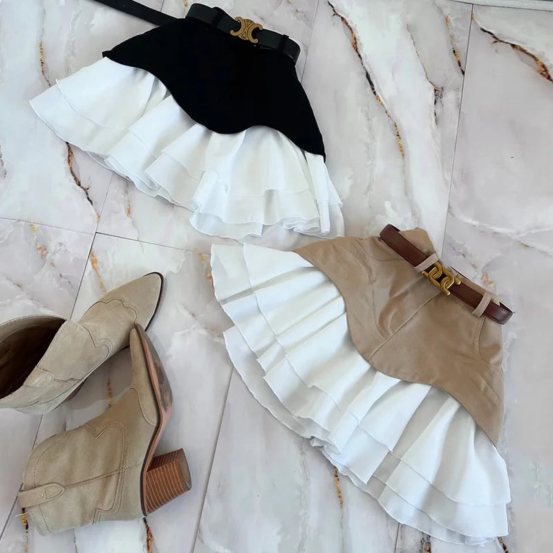 High Waist A-Line Skirt Women's High Quality Pleated Splice Half Body Skirts Elegant Feminine Fashionable Ladies' Skirts