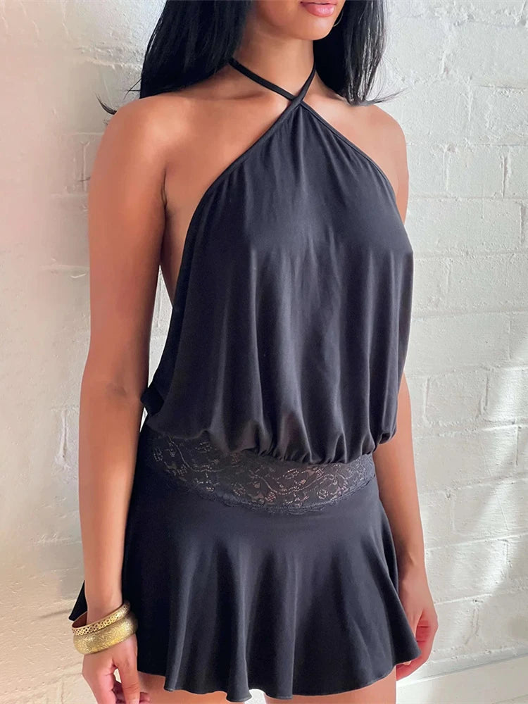 Absobe Halter Sleeveless Patchwork Lace Mini Dress For Women Backless Slim A-Line Short Dress Y2K Sexy Vacation Beach Streetwear