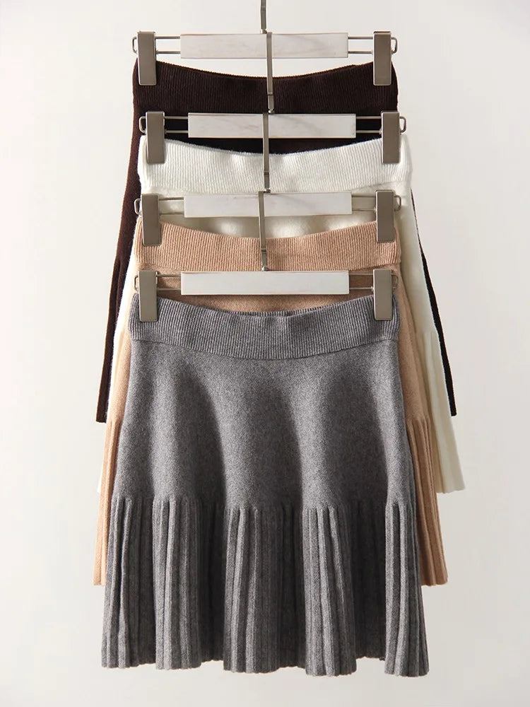 Knitted Pleated School Skirt Women Spring Winter Sexy A-line Women's Skirt Solid Casual High Waist Short Skirts For Woman Black