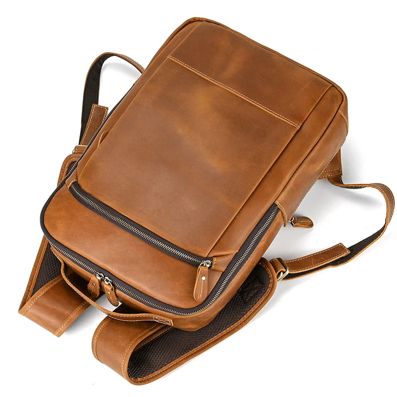 Vintage Travel Backpack leather double zipper bagpack male crazy horse leather backpack handmade leather travel bag men bag