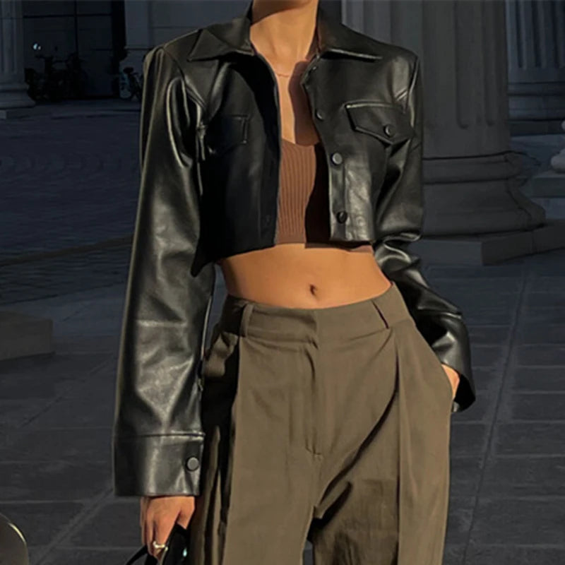 WhereMery Faux Leather Short Jacket Y2K Turn-down Collar Fashion Botton Decoration PU Coat 2022 Grunge Street Casual Women Coats