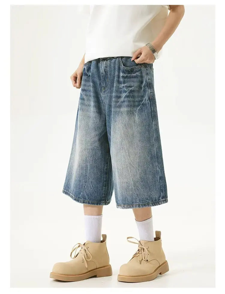 American High Street Lightning Jeans Men's Straight Leg Wide Leg Hip Hop Cool Retro American Seven-Foot Blue Shorts