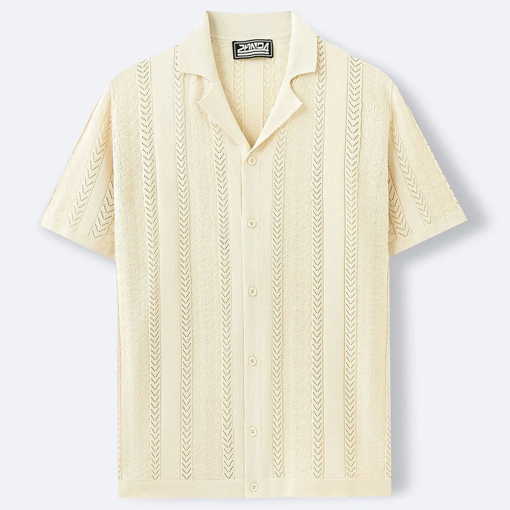 2025 Summer Men's Striped Hollow Solid Color Short Sleeve Knitted POLO Shirt Retro Casual Fashion Trend Simple Loose Men's Tops