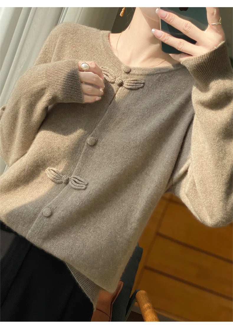 Women New Fashion Autumn Winter 100% Merino Wool Sweater O-neck Chinese Style Buckle Cardigan Soft Knitwear Female Clothing Tops