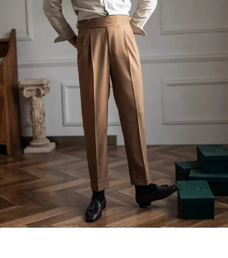 High-waisted Casual Straight-leg Suit Pants For Men Autumn Vintage Draped Waist Trousers Naples Retro Style Business Formal Wear
